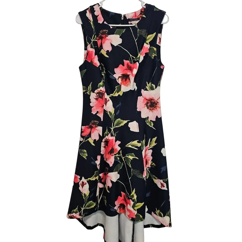 Tommy Hilfiger Dress Womens Size 10 Corsage Scuba Hi-low Blue Floral Classiccore
